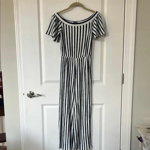 Bershka Pants - Bershka Navy and White Striped Jumpsuit
